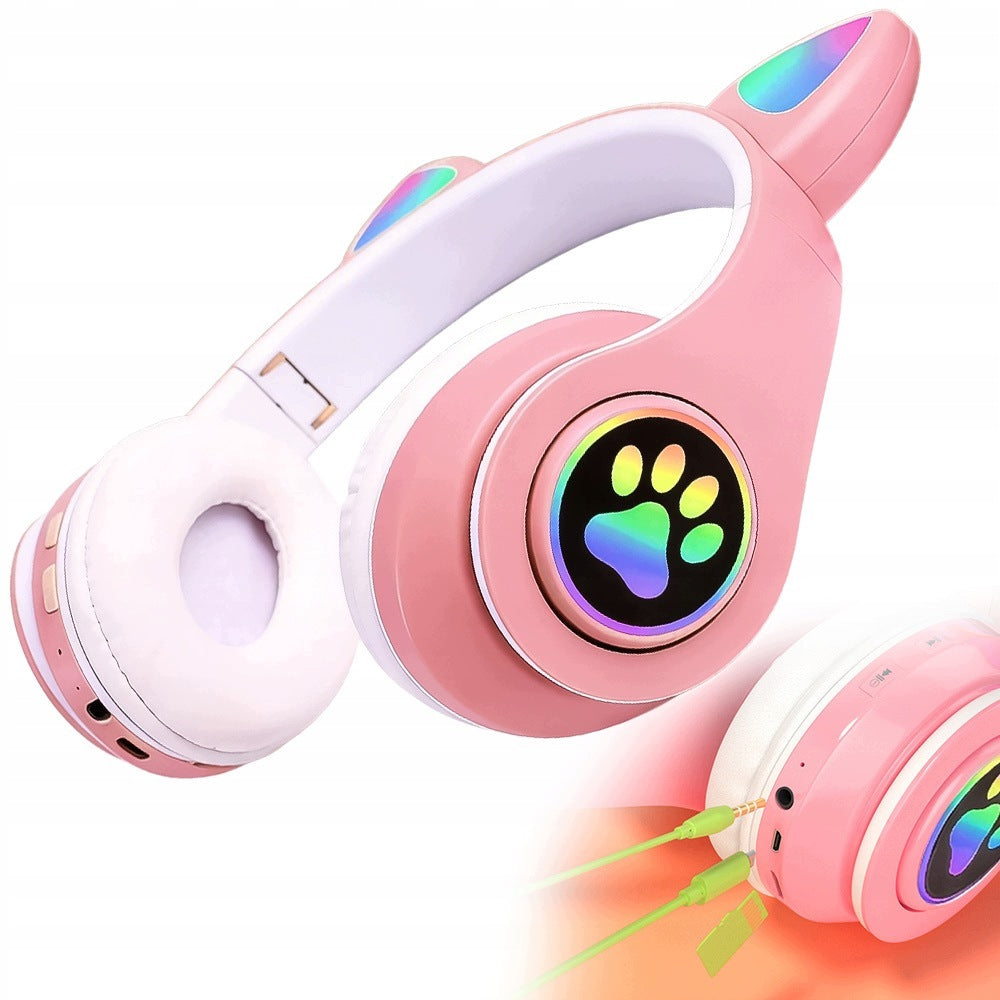 CAT EARS BLUETOOTH 5.0 PINK LED HEADPHONES FOR KIDS FOLDING