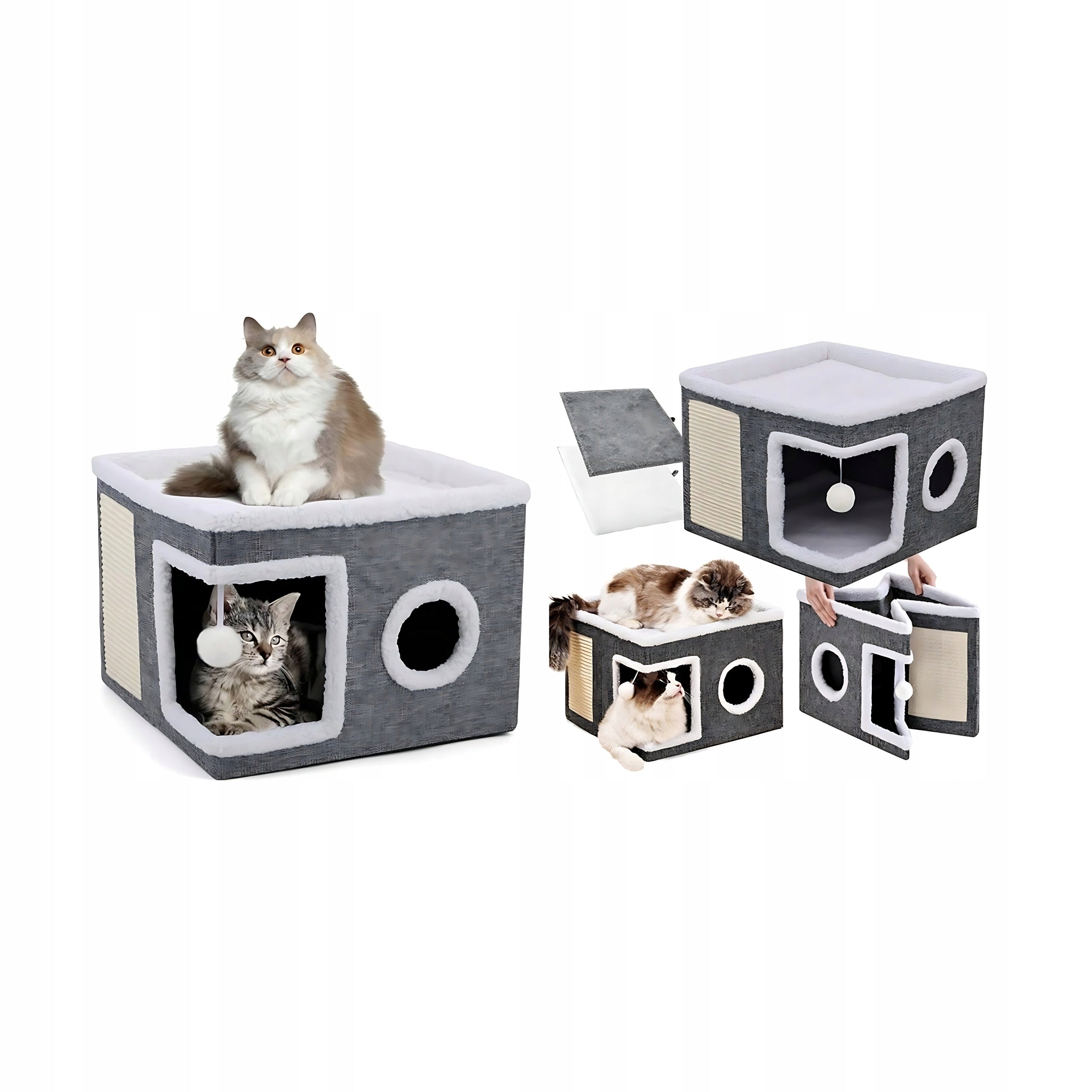 CAT HOUSE 2-LEVEL FOLDING BED BOOTH SCRATCHING POST GREY 42x42x35cm Brand Efox