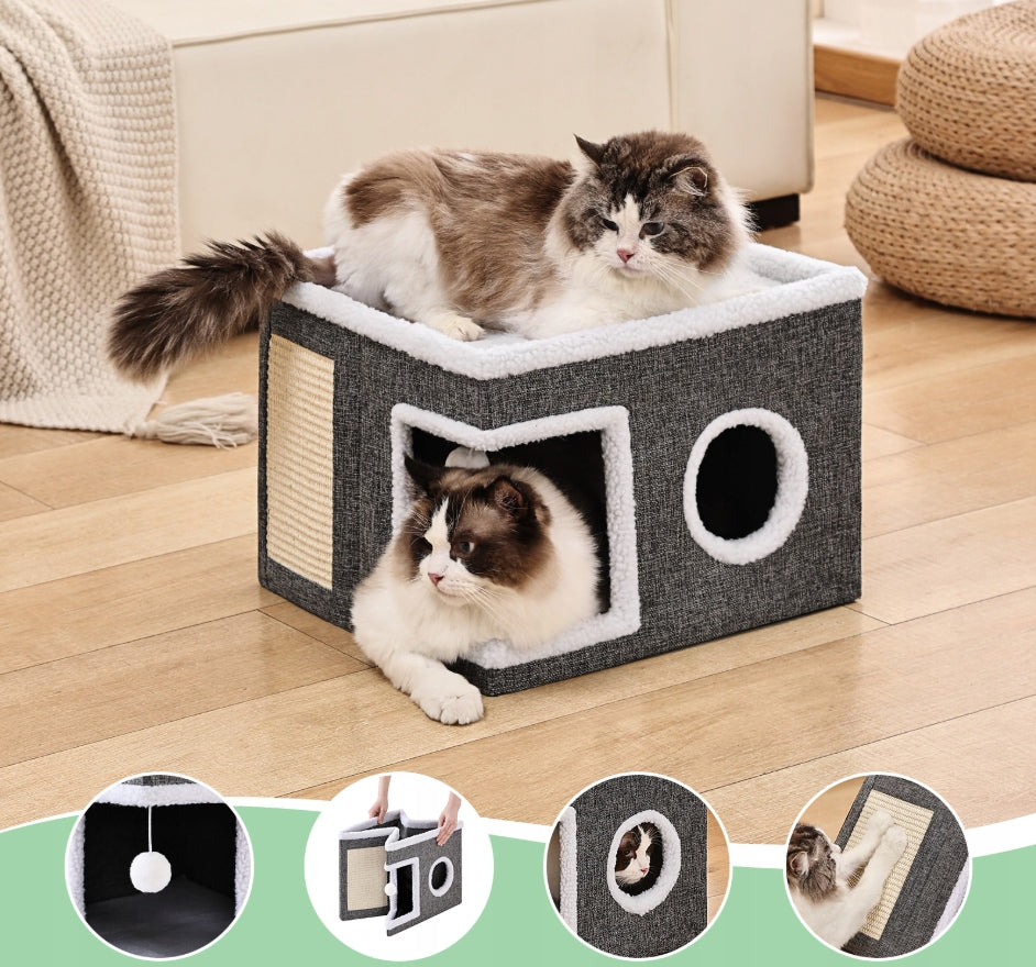 CAT HOUSE 2-TIER FOLDING BED BOOTH SCRATCHING POST GREY 42x42x31cm Packaging status original