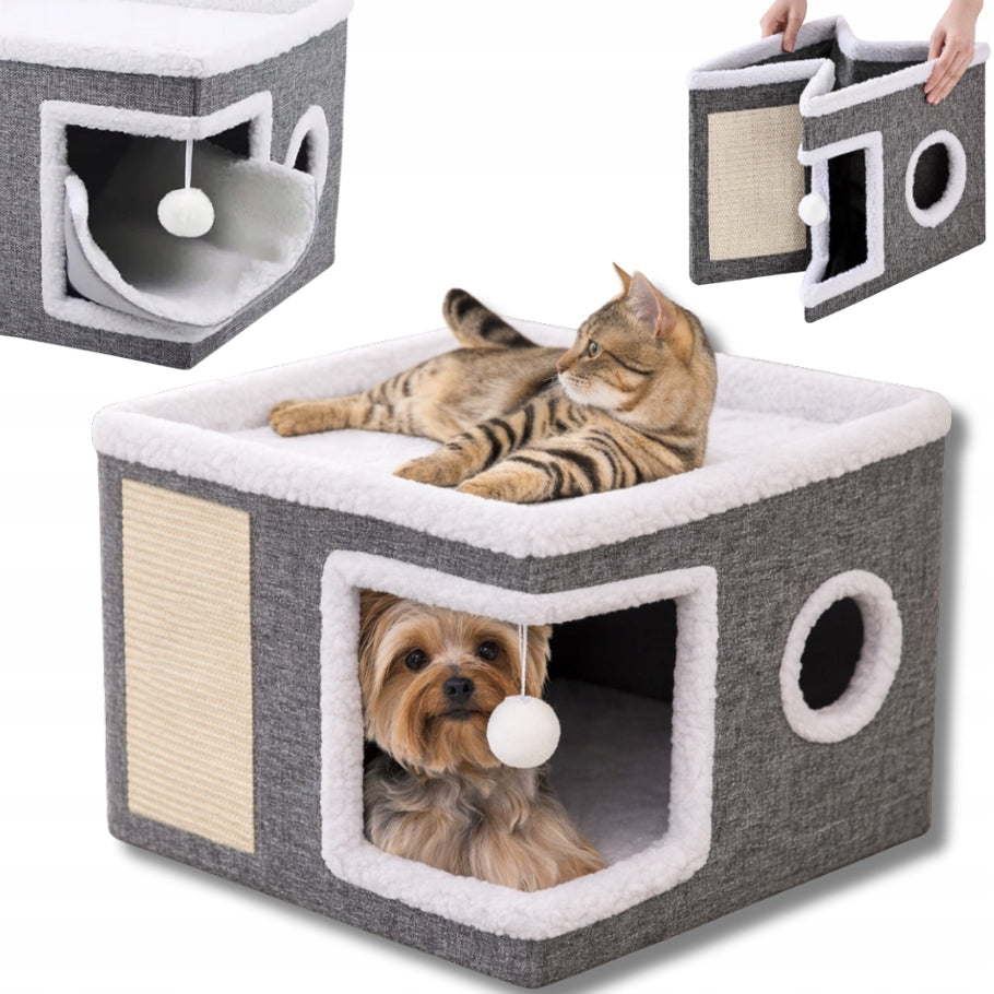 CAT HOUSE 2-TIER FOLDING BED BOOTH SCRATCHING POST GREY 42x42x31cm