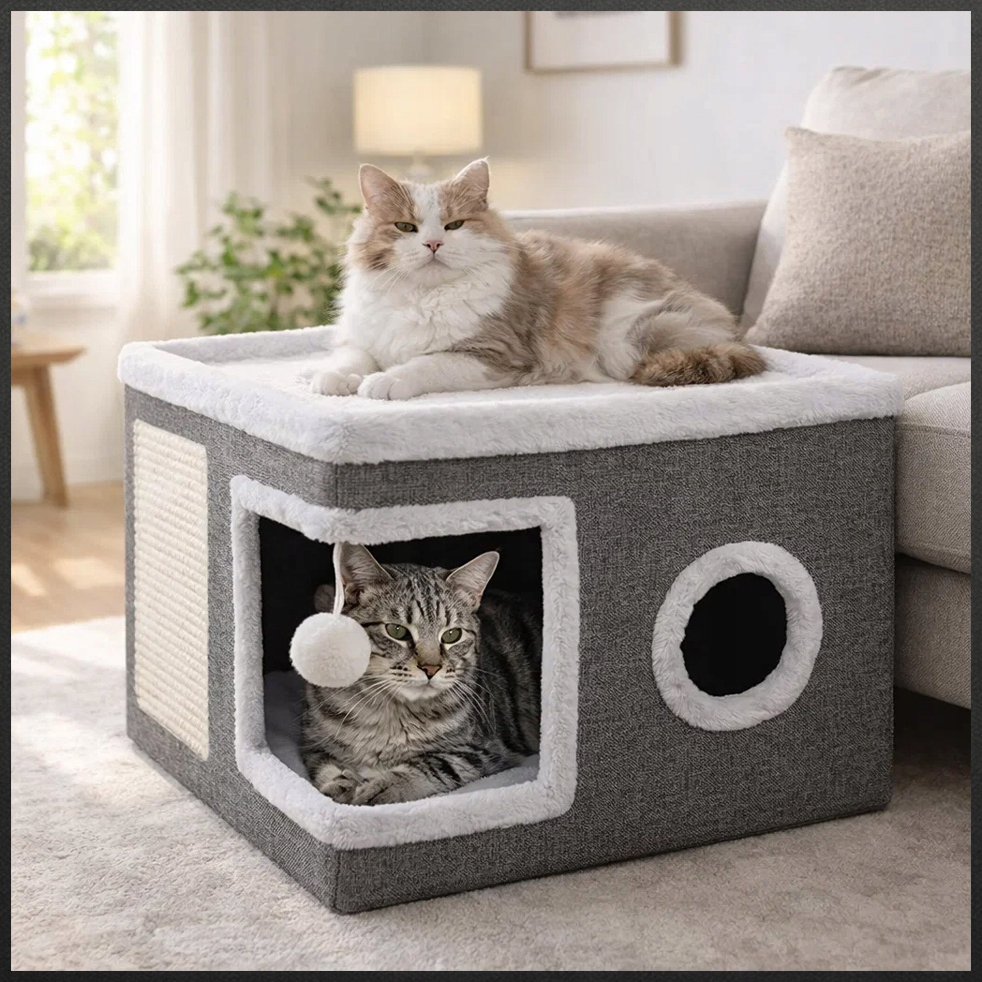 CAT HOUSE BED BOOTH 2 LEVELS BEDDING FOLDING SCRATCHING POST TOY Color gray