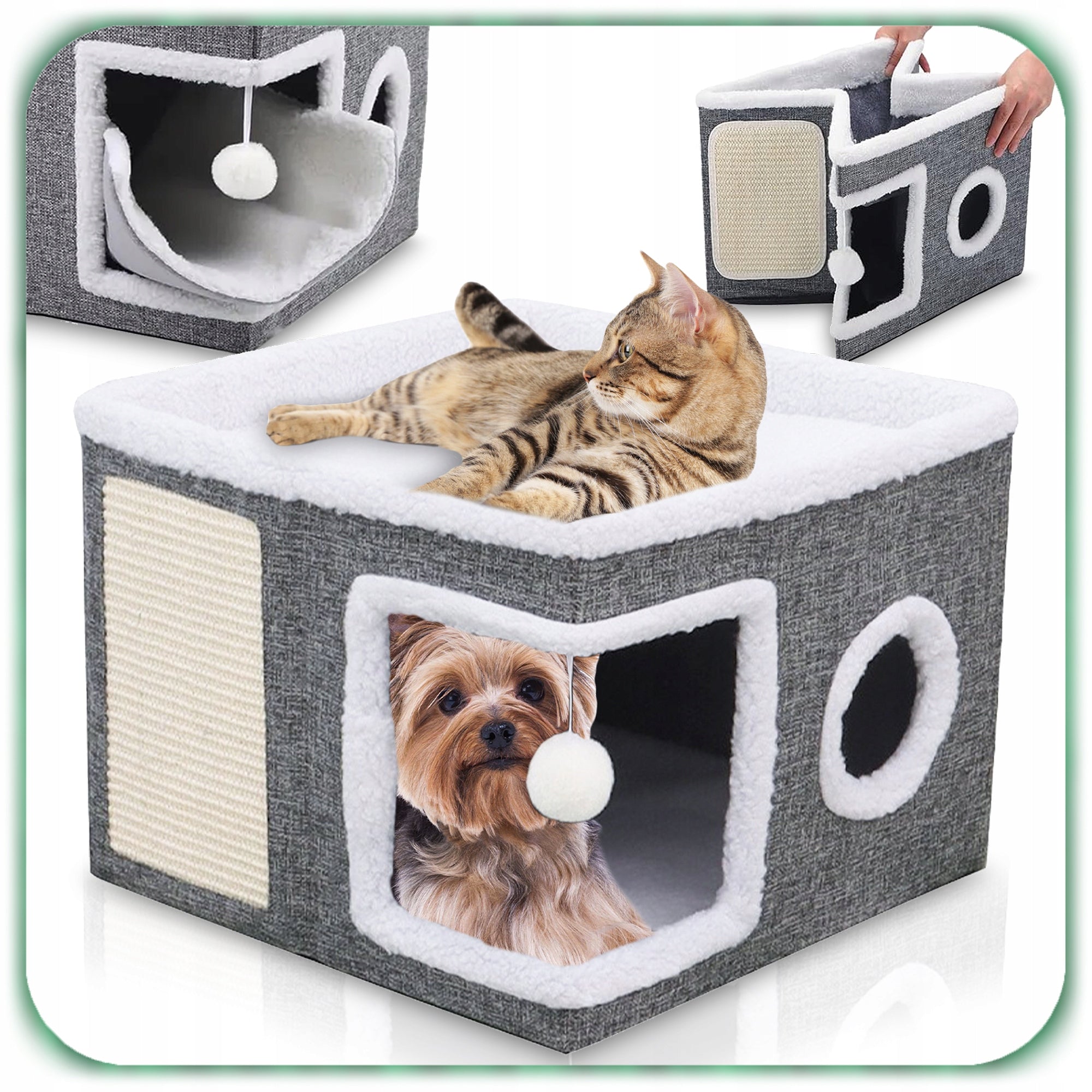 CAT HOUSE FOLDING BED BOOTH 42x42x31cm SCRATCHING POST GREY 2 LEVELS Packaging status original