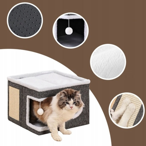 CAT HOUSE WITH SCRATCHING POST AND BED FOLDING 2IN1 FLUFFY WITH TOY Color gray