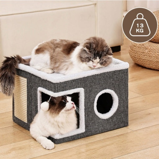 CAT HOUSE WITH SCRATCHING POST AND BED FOLDING 2IN1 FLUFFY WITH TOY Kind cat house