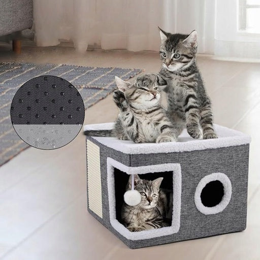 CAT HOUSE WITH SCRATCHING POST AND BED FOLDING 2IN1 FLUFFY WITH TOY Length 42 cm