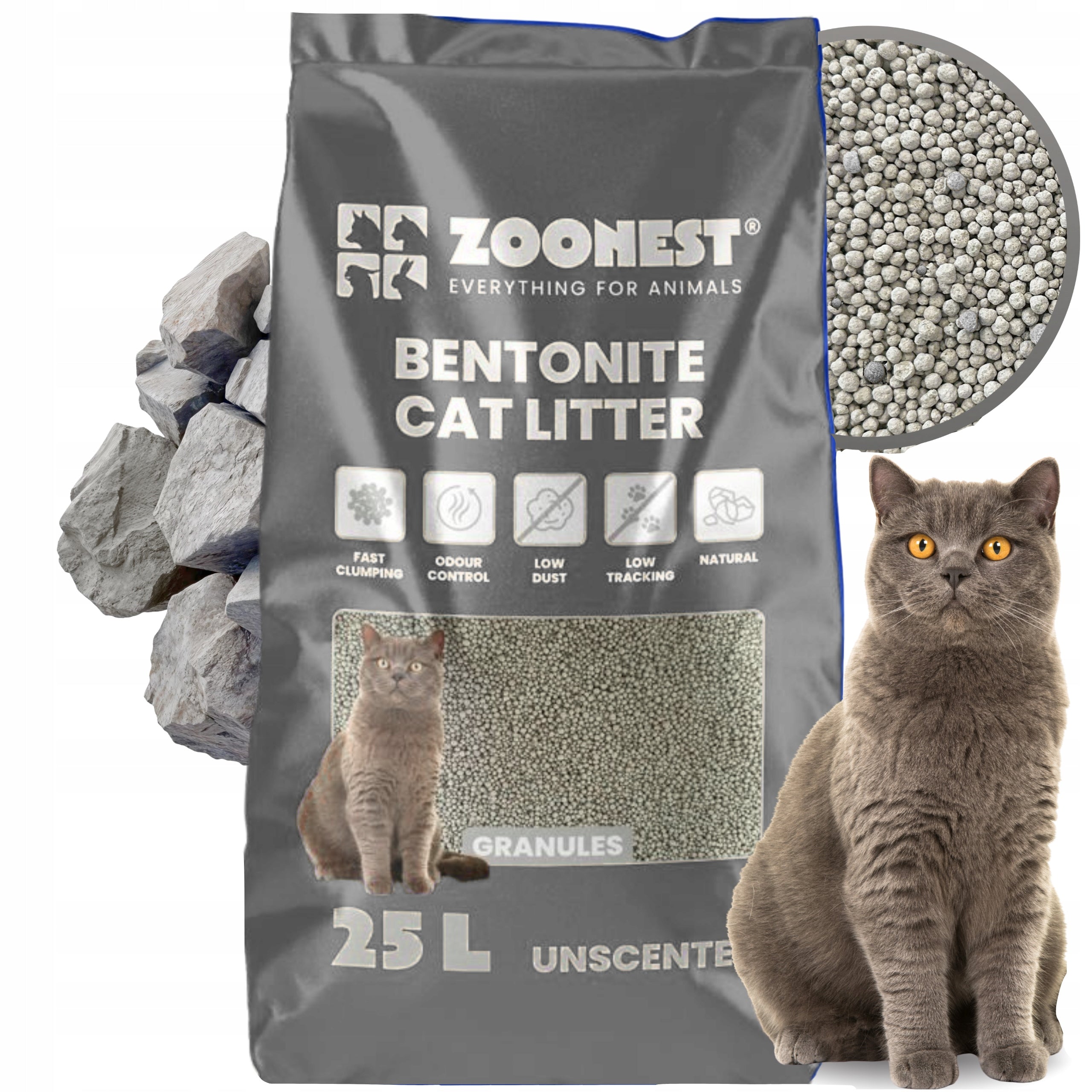 CAT LITTER BENTONITE UNSCENTED CLUMPING DUST-FREE ZOONEST 25L
