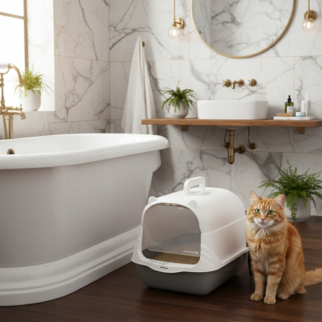 CAT LITTER BOX CLOSED LARGE FOR LITTER WITH SPATULA FILTER COVERED TOILET Color white