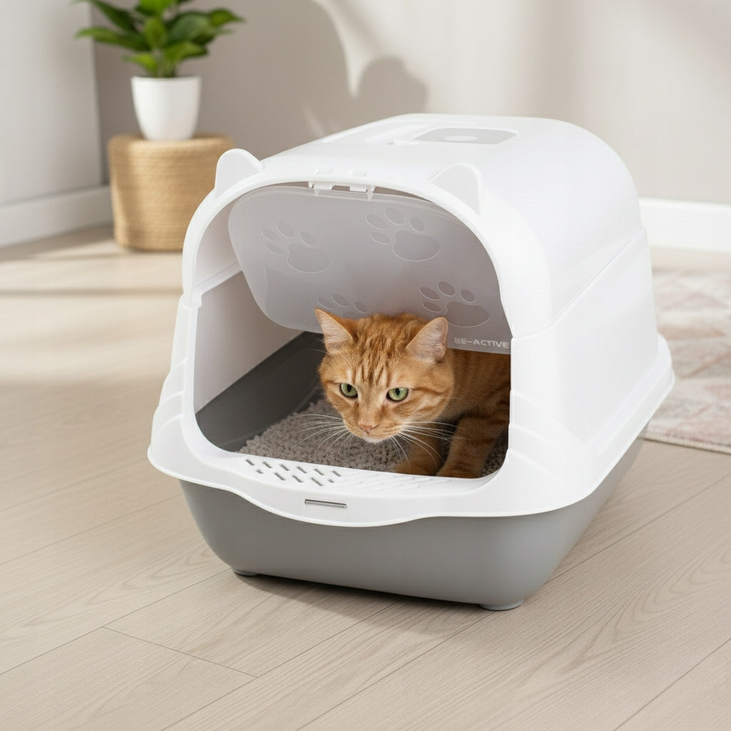CAT LITTER BOX CLOSED LARGE FOR LITTER WITH SPATULA FILTER COVERED TOILET Trade name KK01 kuweta składana szara z łopatką