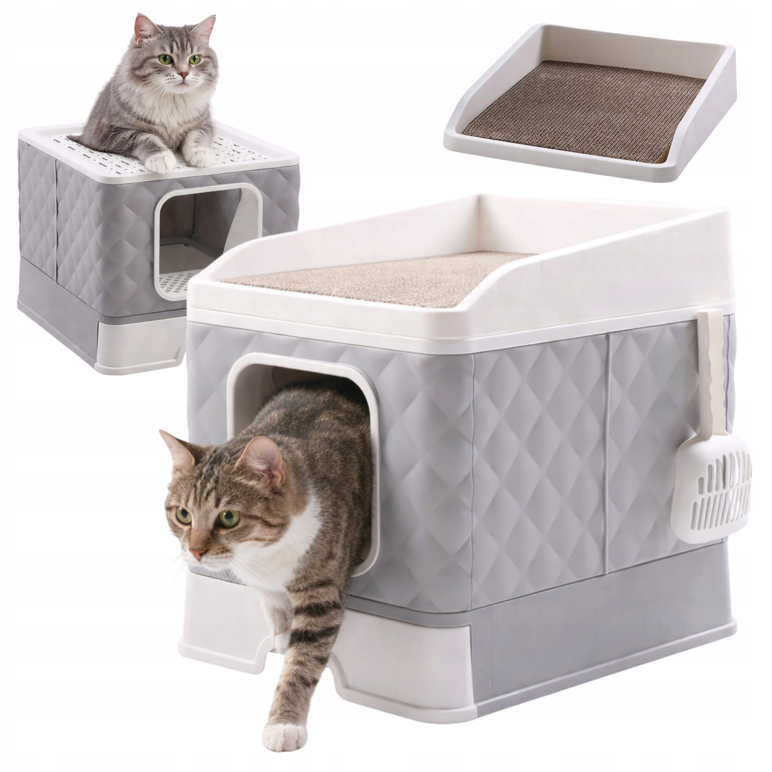 CAT LITTER BOX CLOSED WITH SCRATCHER BED 3in1 RETRACTABLE XXL LARGE Color gray