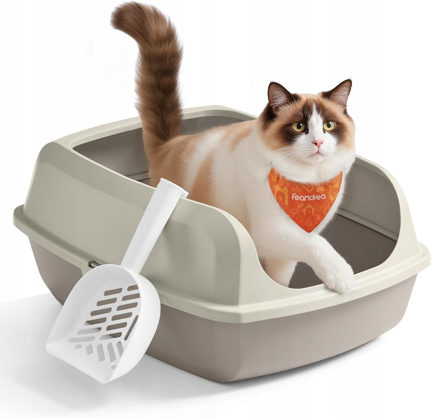 CAT LITTER BOX FEANDREA OPEN FROM ABOVE WITH SPATULA BEIGE