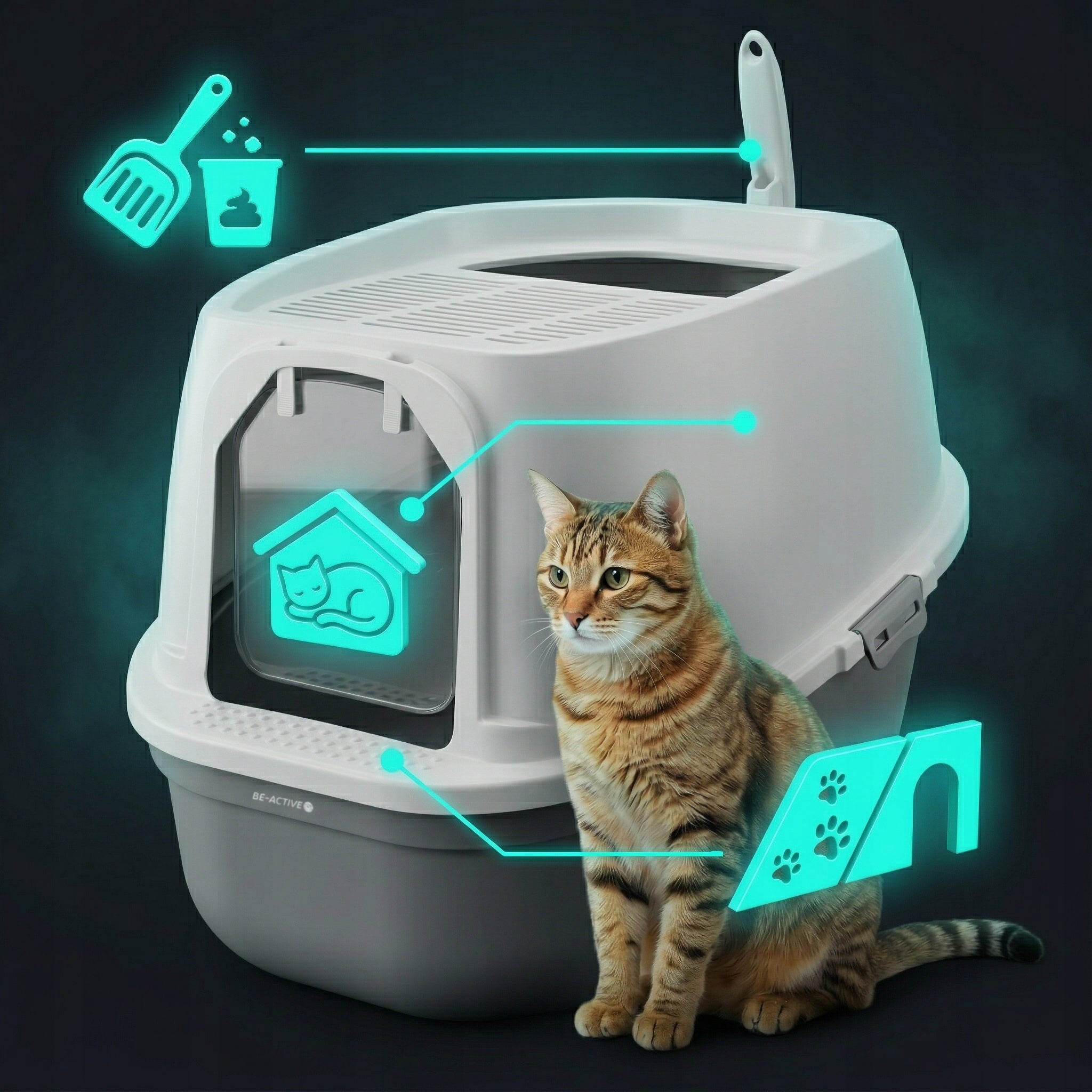 CAT LITTER BOX LARGE FOR LITTER CLOSED TOILET COVERED SPATULA Trade name KK-05 kuweta składana z łopatką biało-szara