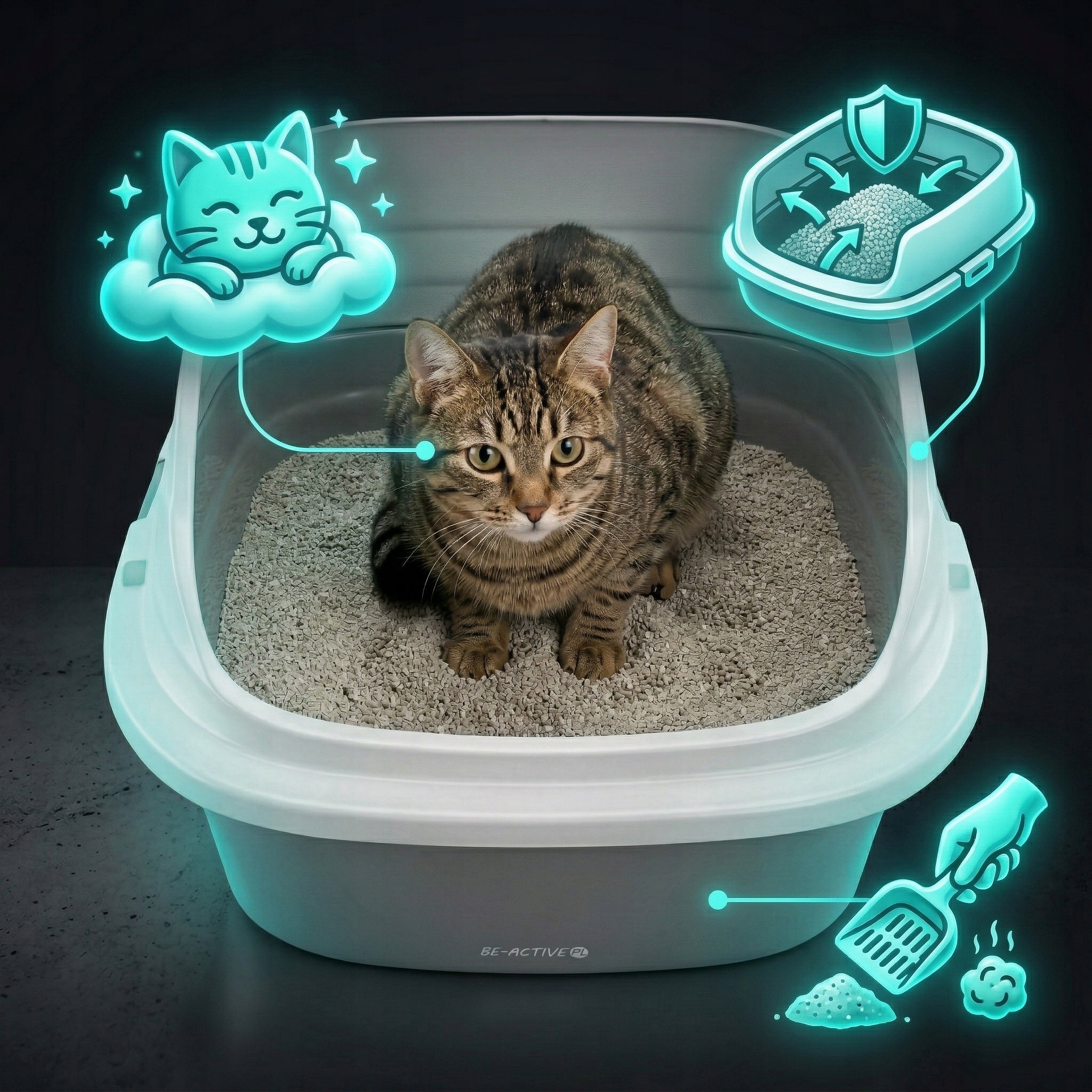 CAT LITTER BOX LARGE FOR LITTER SPATULA TOILET OPEN WITH FRAME HIGH RIM Color gray