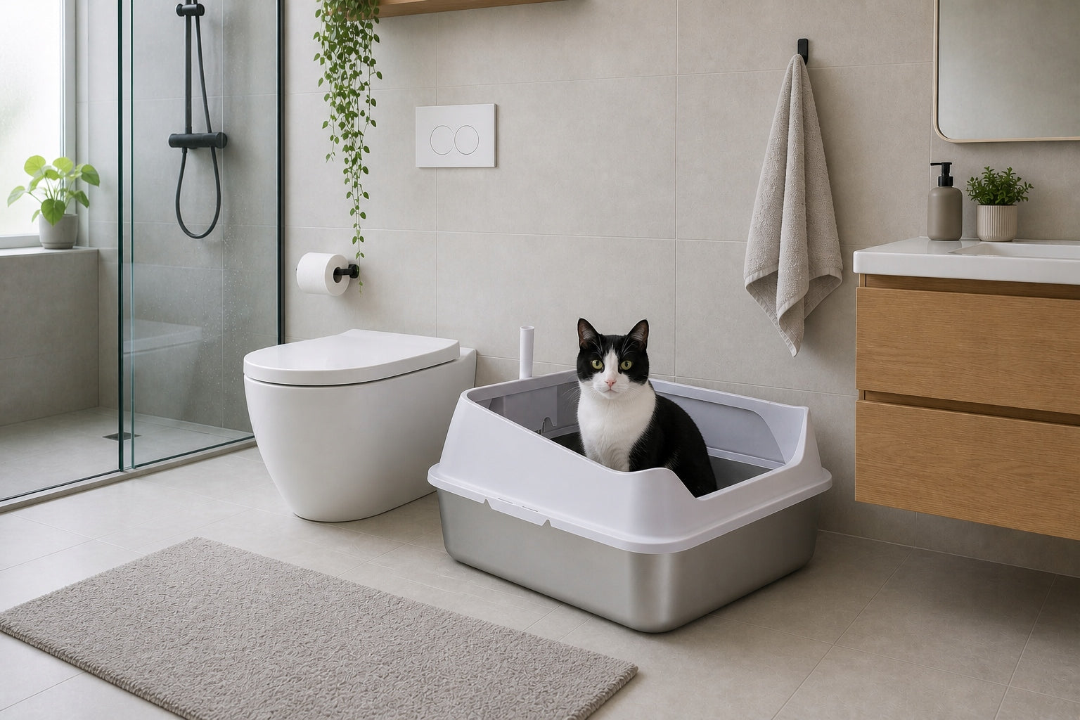 CAT LITTER BOX LARGE OPEN STAINLESS STEEL SOLID + SPATULA 70x50xH35 Packaging status original