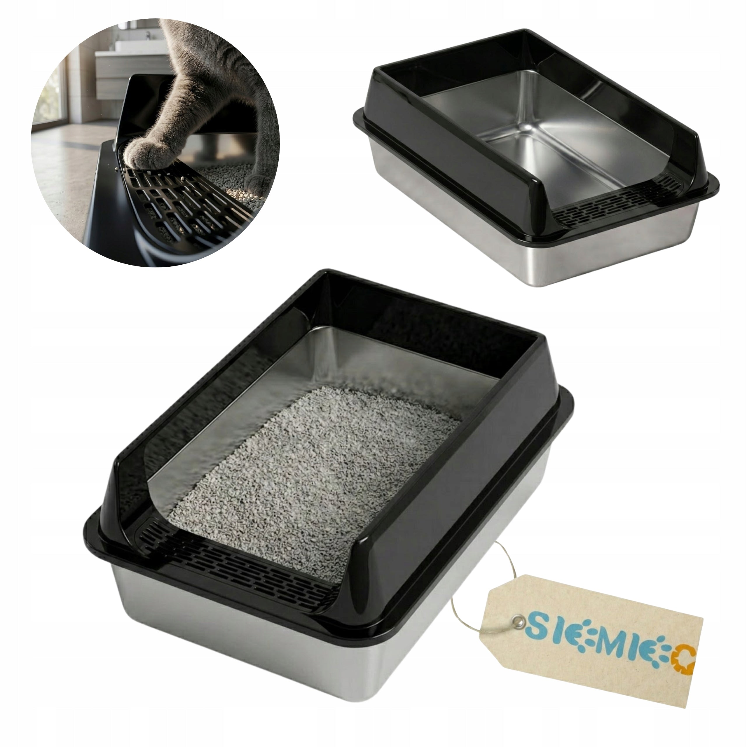 CAT LITTER BOX OPEN BLACK r. M STAINLESS STEEL SOLID + SPATULA