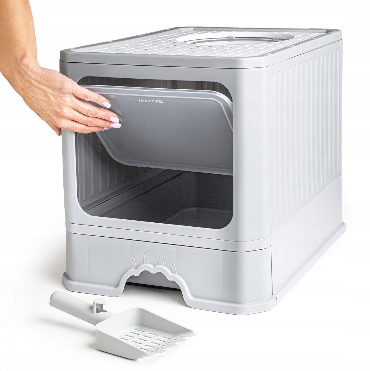 CAT LITTER BOX WITH DRAWER CLOSED LARGE COVERED FOR LITTER TOILET SPATULA Trade name KK02 kuweta szara z szufladą z łopatką