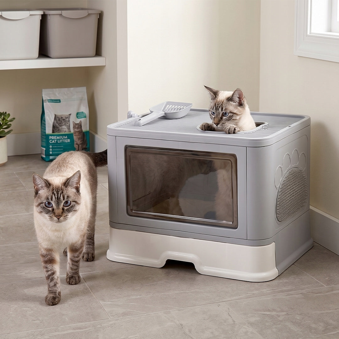 CAT LITTER BOX WITH DRAWER WITH LID LARGE GREY 51x40 PREMIUM TOP SPATULA Packaging status original