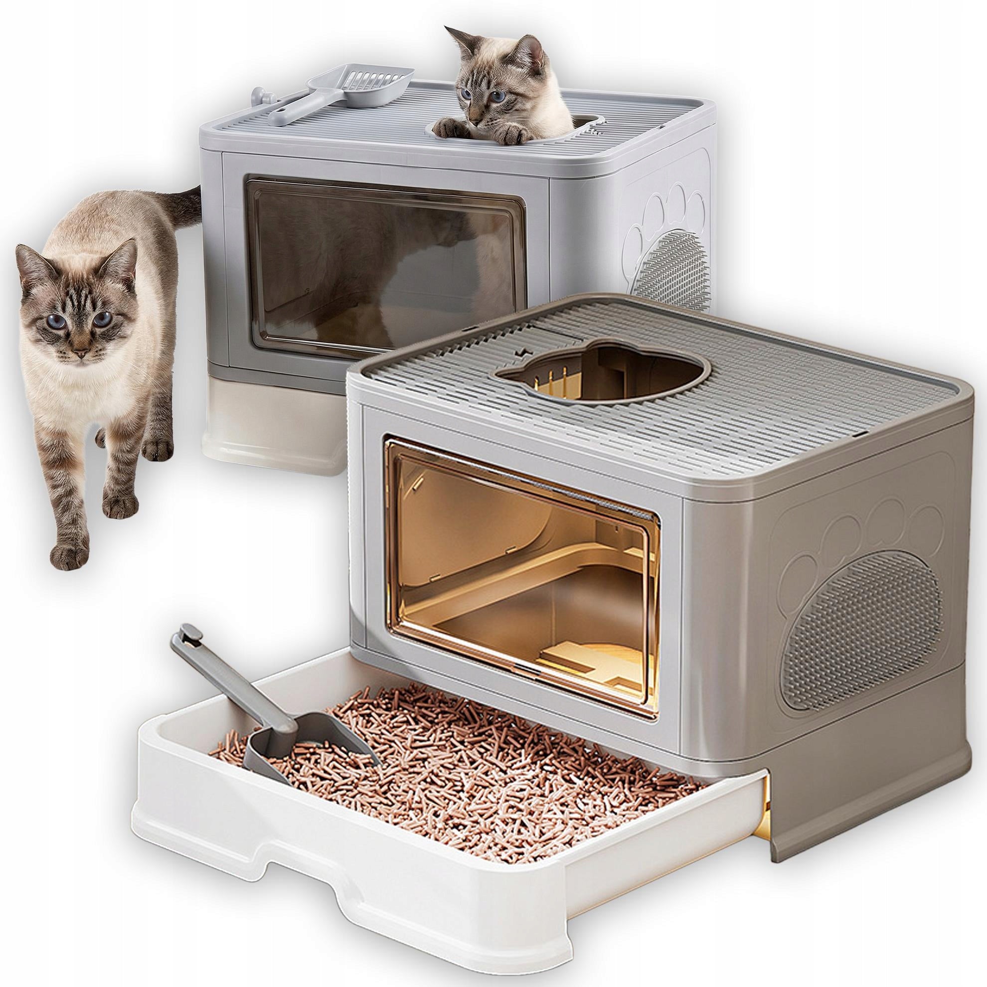 CAT LITTER BOX WITH DRAWER WITH LID LARGE GREY 51x40 PREMIUM TOP SPATULA