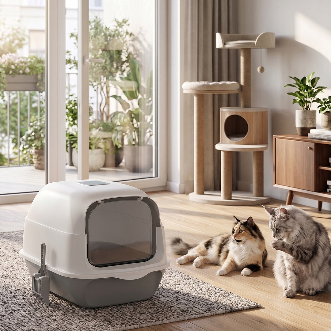 CAT LITTER BOX WITH FILTER EARS CLOSED LARGE LITTER SPATULA COVERED TOILET Packaging status original