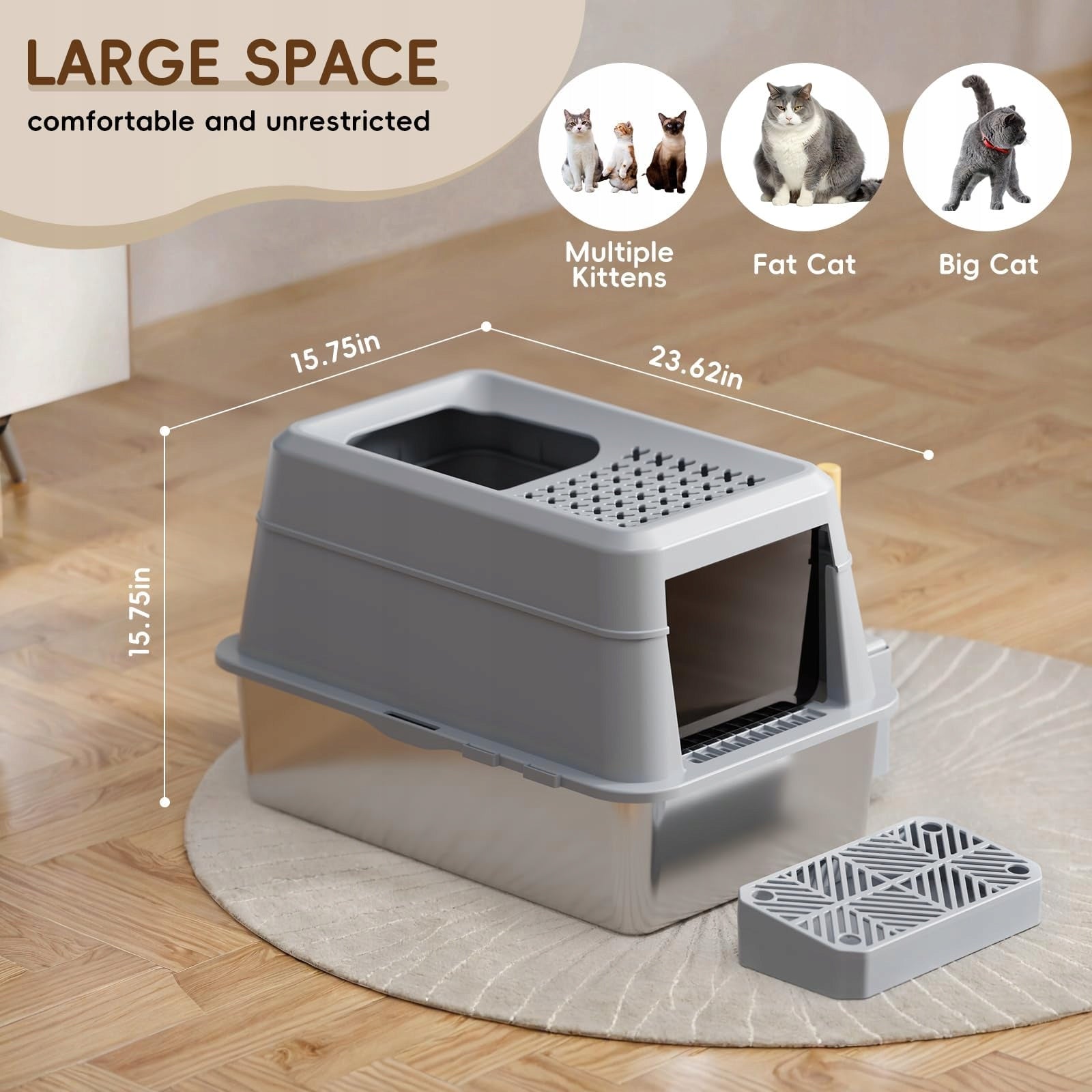 CAT LITTER BOX XXL FRETONBA STAINLESS STEEL 26L GREY OPENABLE Color gray