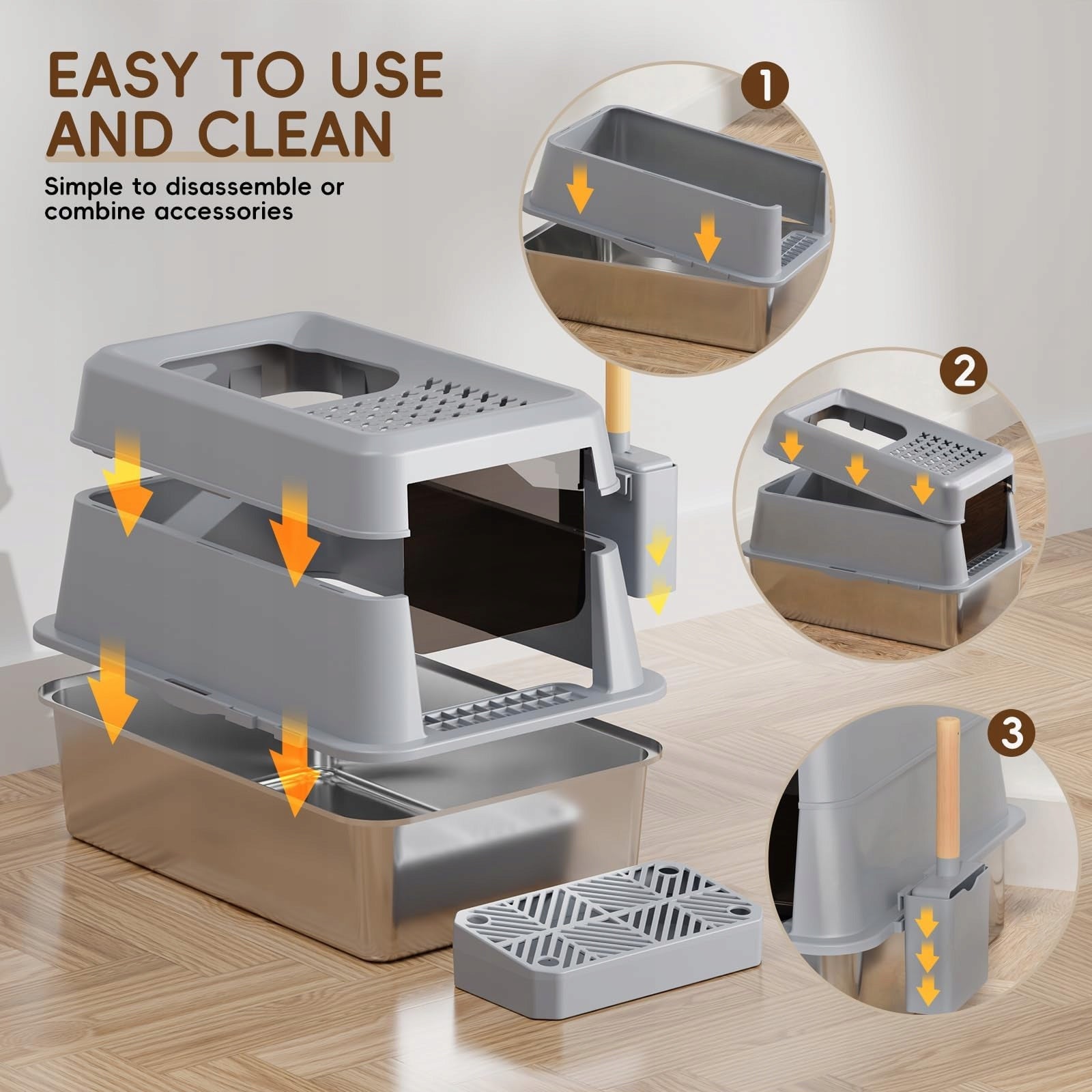 CAT LITTER BOX XXL FRETONBA STAINLESS STEEL 26L GREY OPENABLE Model Kuweta XXL Stal Nierdzewna