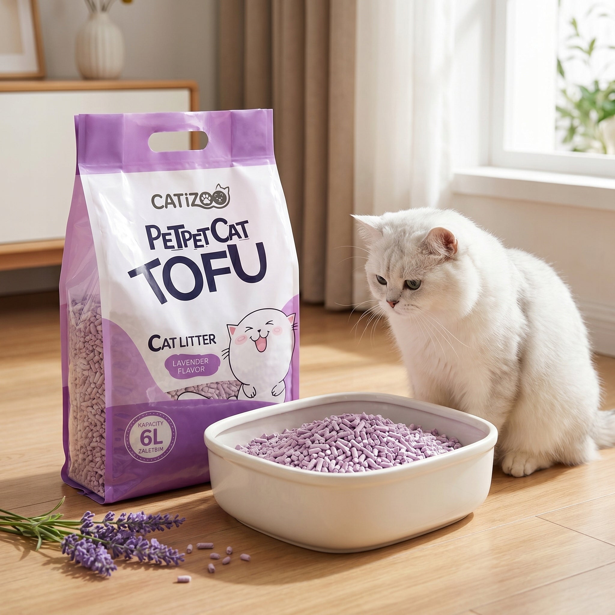 CAT LITTER TOFU SCENT LAVENDER CLUMPING NATURAL DUST-FREE 2.5kg 6L Packaging status original