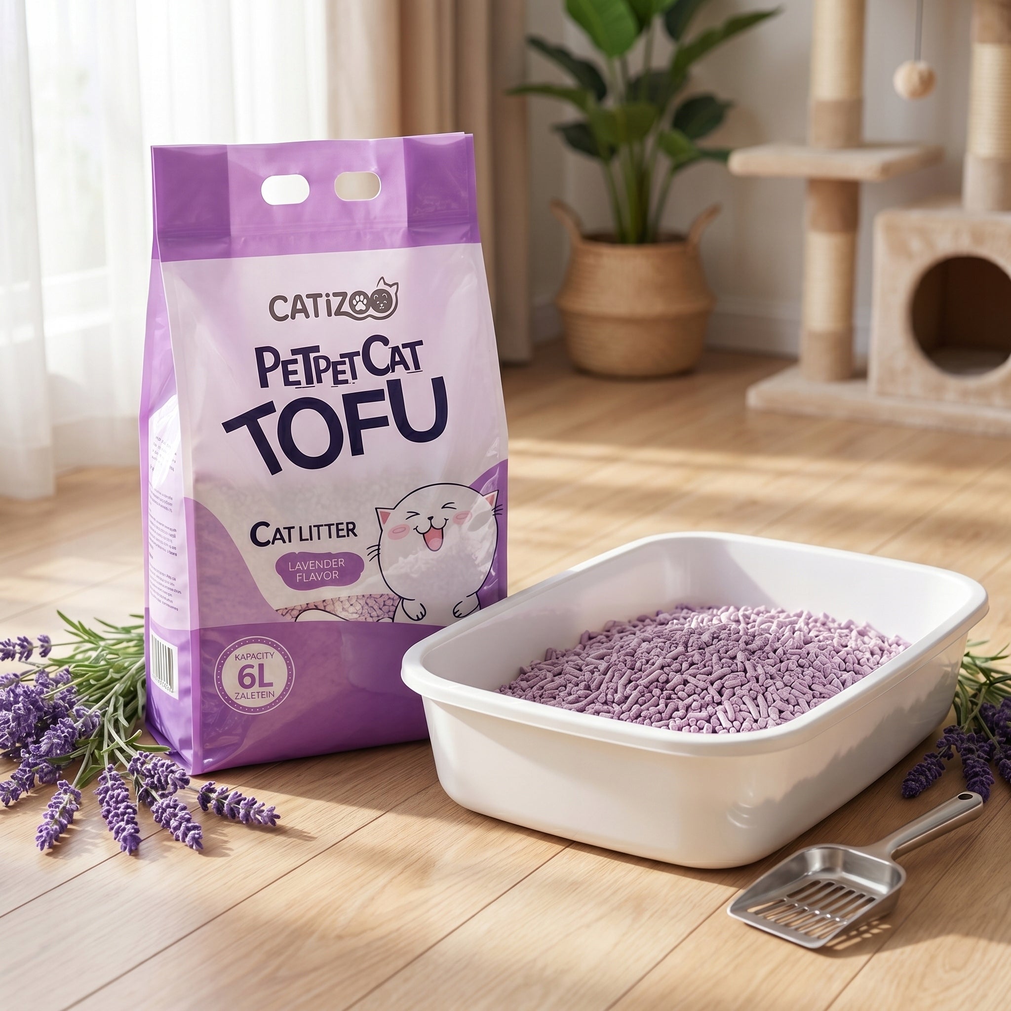 CAT LITTER TOFU SCENT LAVENDER CLUMPING NATURAL DUST-FREE 2.5kg 6L Volume 6 l