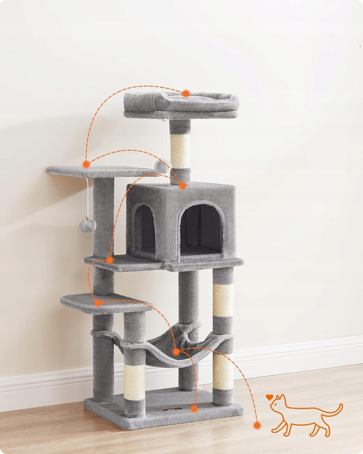 CAT SCRATCHER 112 CM MULTI-LEVEL WITH HAMMOCK CAVE BED GREY Color gray