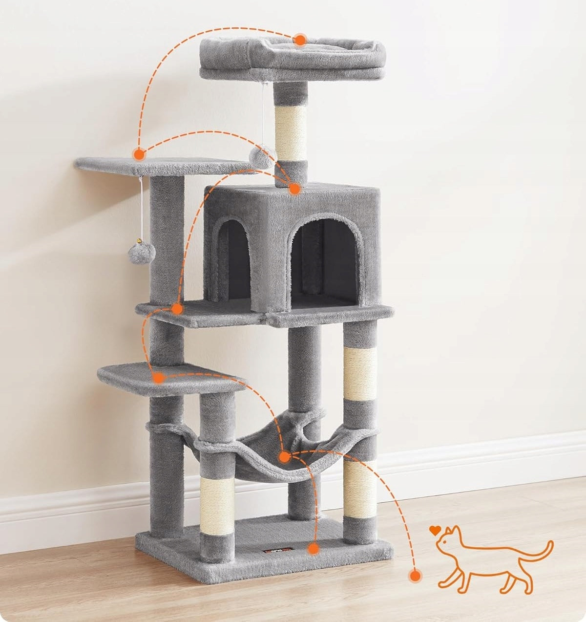 CAT SCRATCHER 112 CM MULTI-LEVEL WITH HAMMOCK CAVE BED GREY Manufacturer code PCT261W01V1