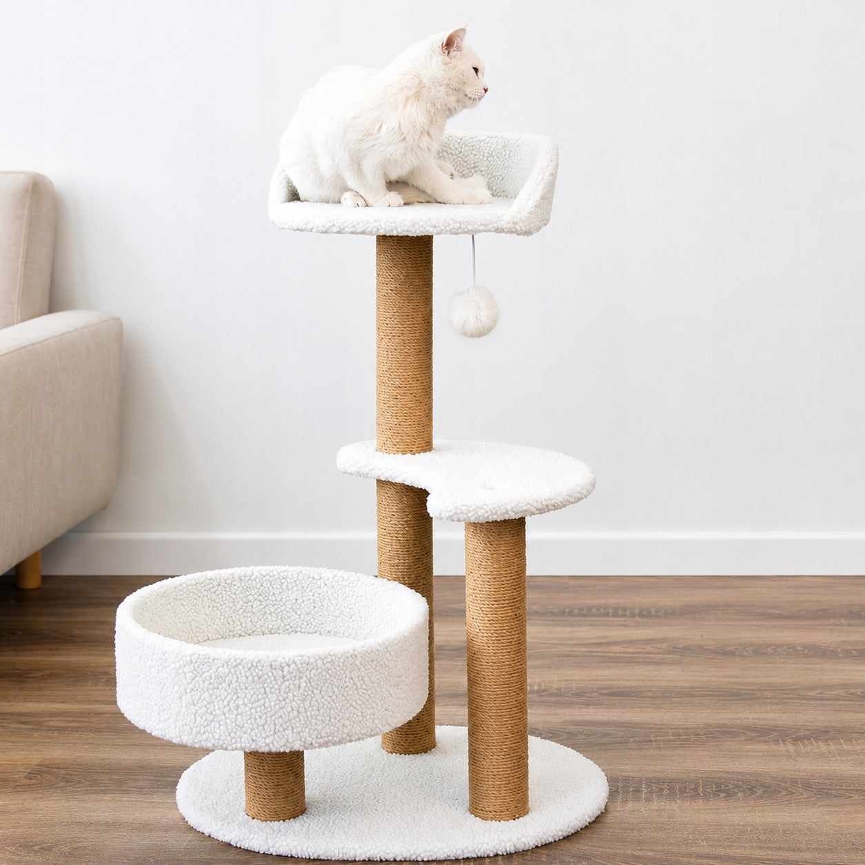 CAT SCRATCHER HIGH 80 CM BED 2 PLATFORMS SISAL PLUSH BALL WHITE Brand no brand