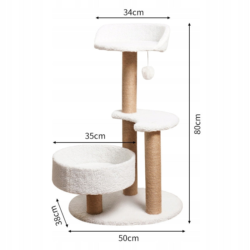 CAT SCRATCHER HIGH 80 CM BED 2 PLATFORMS SISAL PLUSH BALL WHITE Kind bed