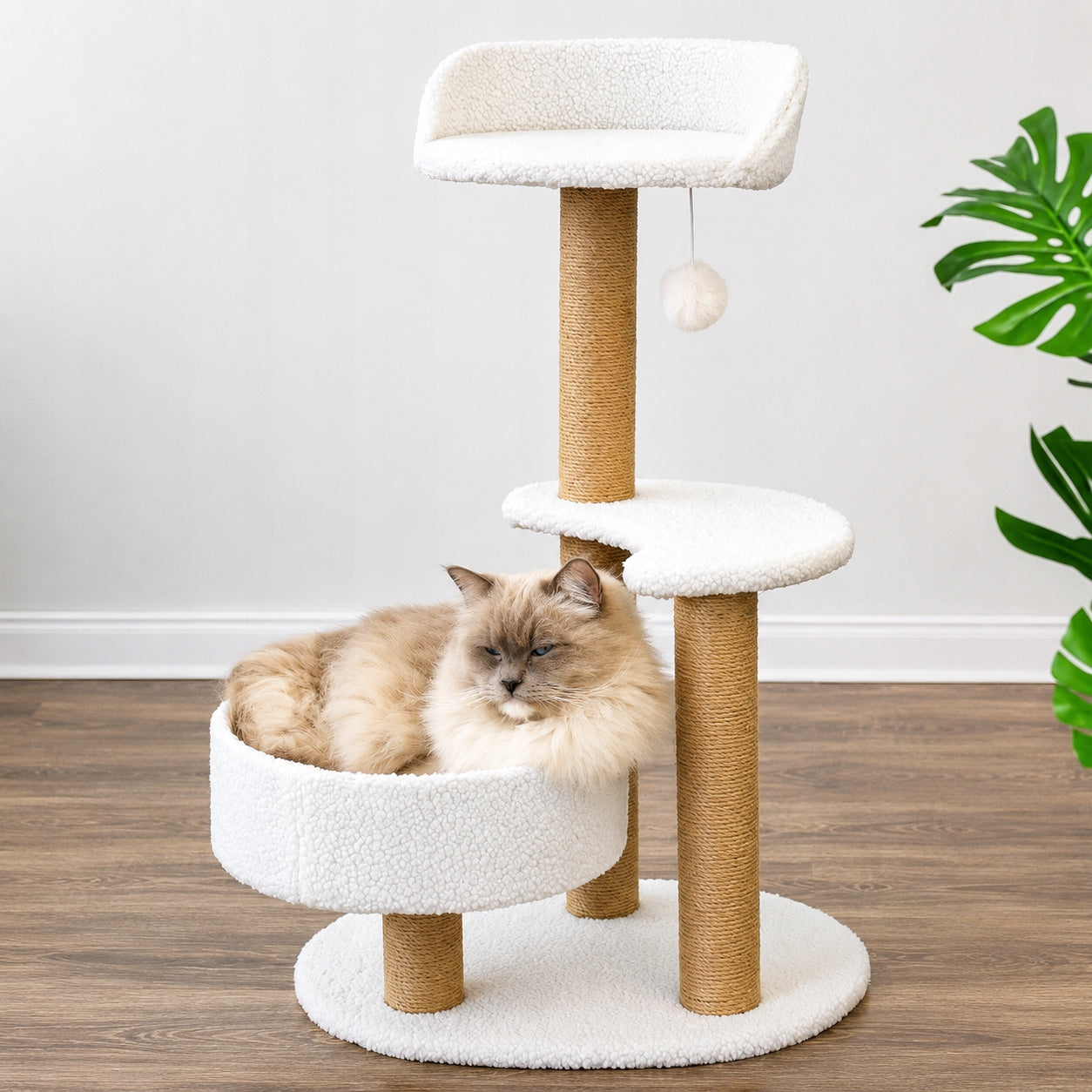 CAT SCRATCHER HIGH 80 CM BED 2 PLATFORMS SISAL PLUSH BALL WHITE Length 50 cm