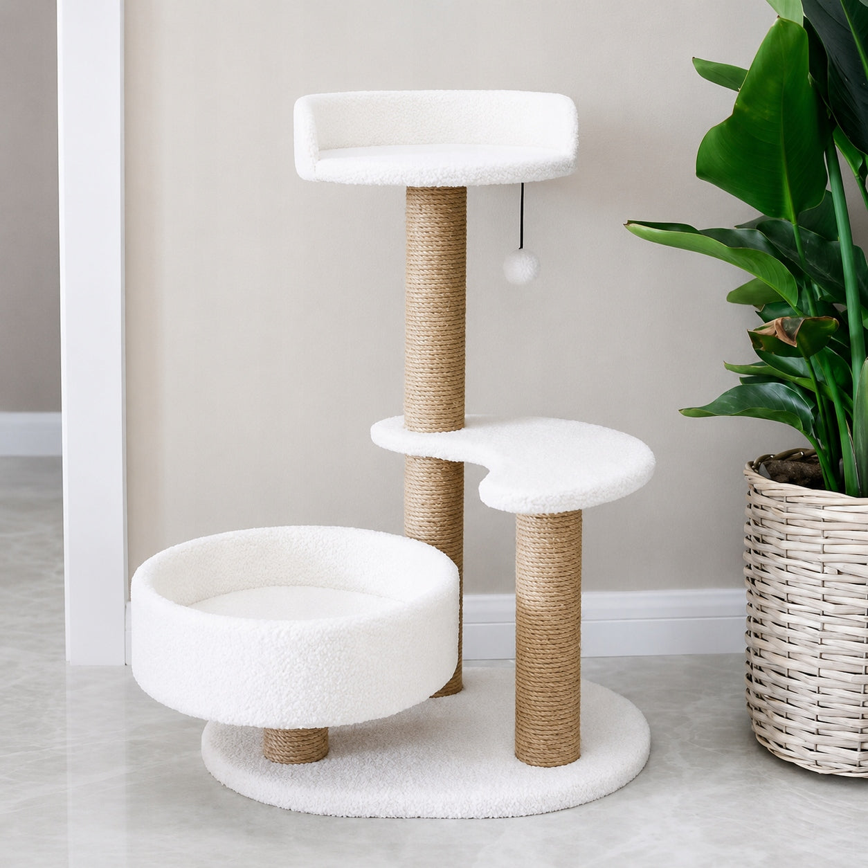 CAT SCRATCHER HIGH 80 CM BED 2 PLATFORMS SISAL PLUSH BALL WHITE Manufacturer code LEG-DOMEK-03-LN