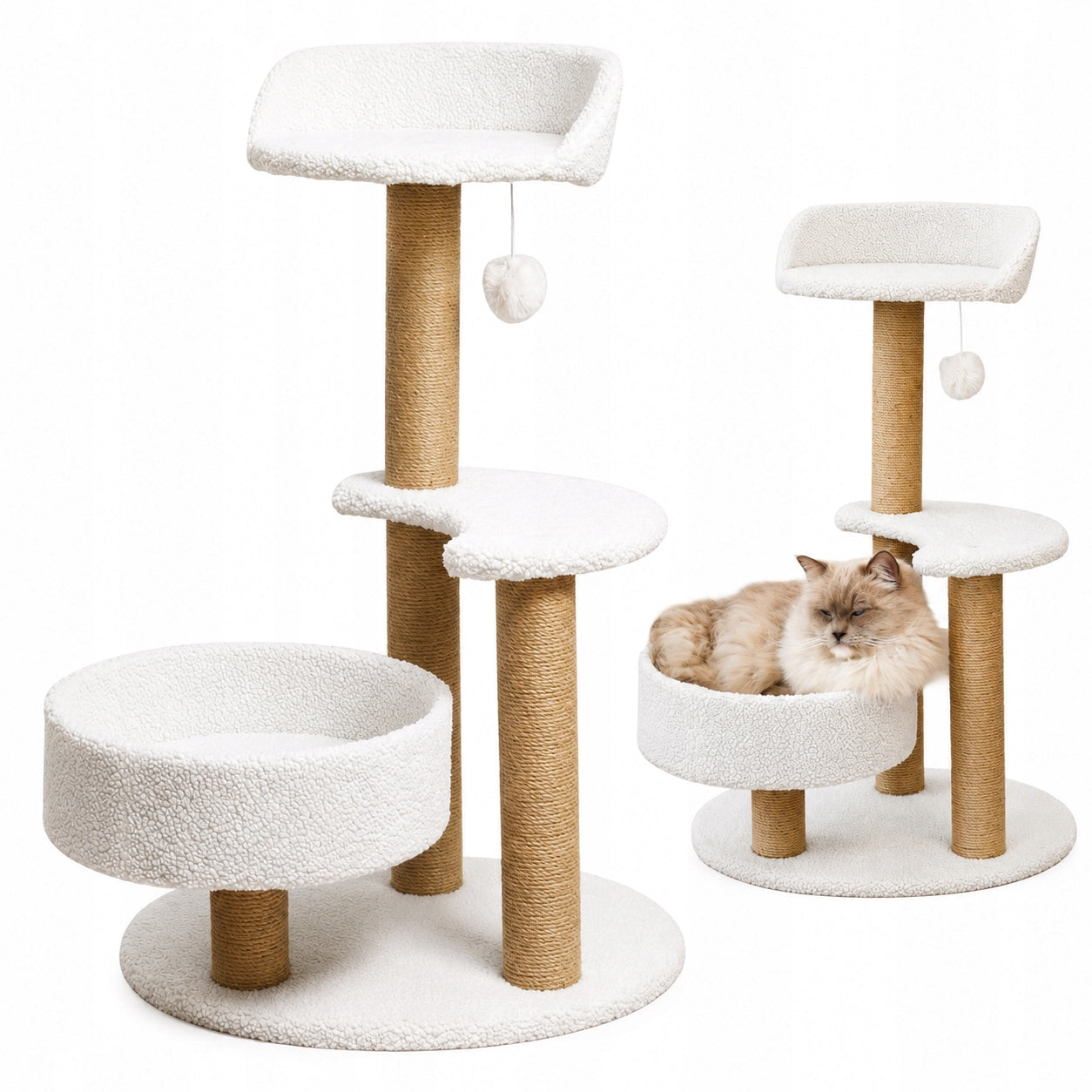 CAT SCRATCHER HIGH 80 CM BED 2 PLATFORMS SISAL PLUSH BALL WHITE