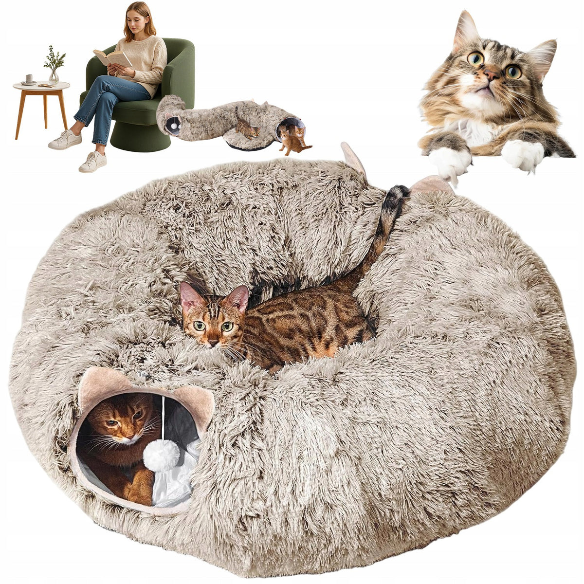 CAT TUNNEL BED ROUND HOUSE COMFORTABLE DONUT TOY GREY