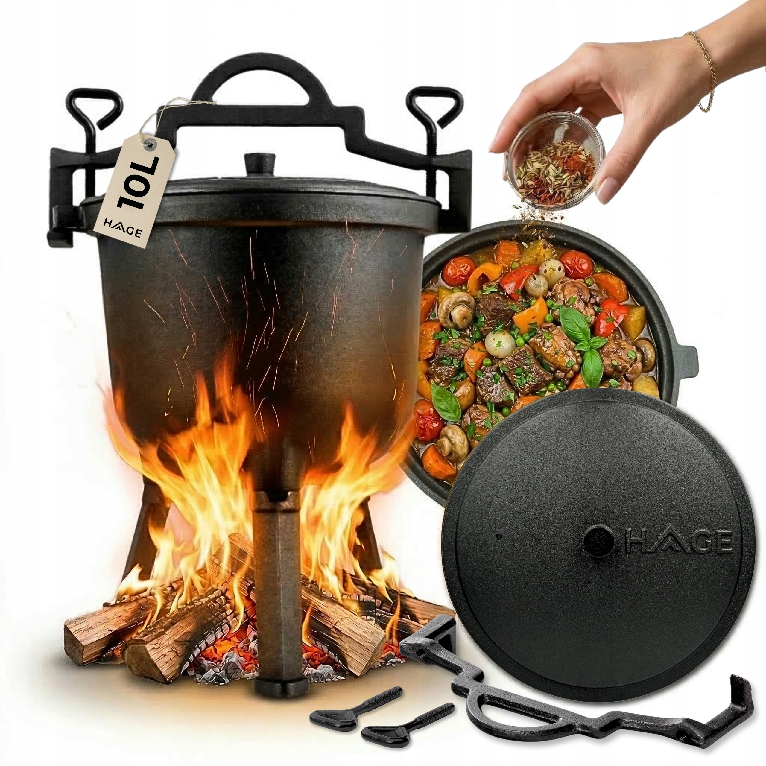 CAULDRON CAST IRON HUNTING POT HUNGARIAN ROASTS 10L FOR FIREPLACE GRILL