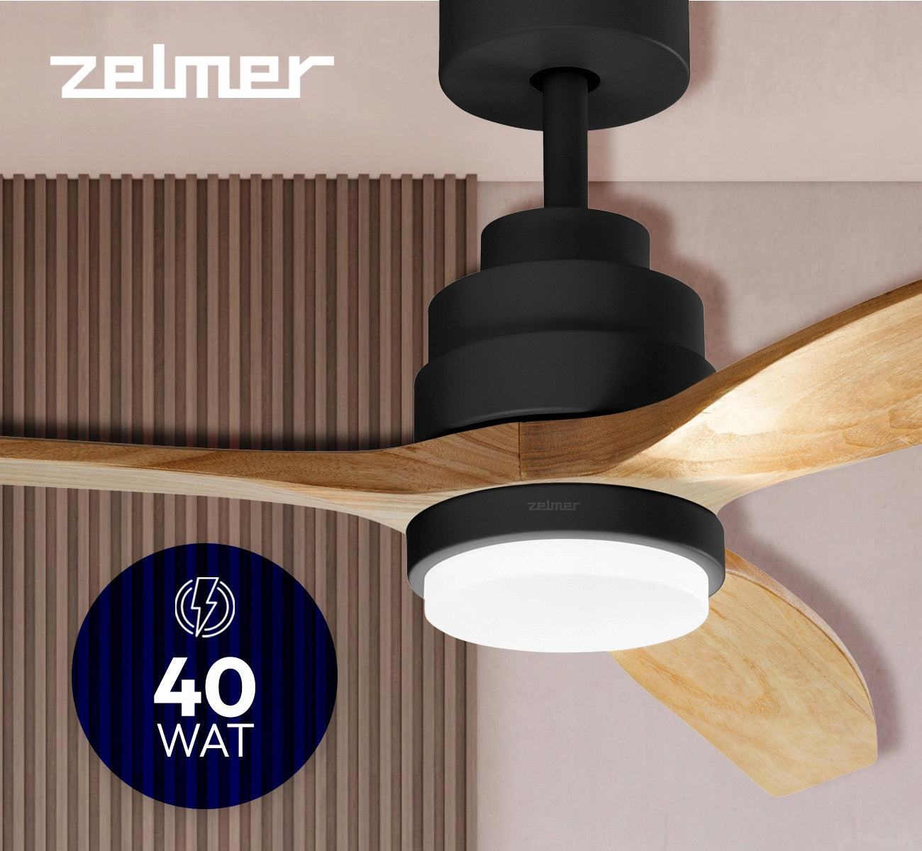 CEILING FAN ZELMER FAN LED LAMP ULTRA QUIET 6MODES BLACK BEECH Packaging status original