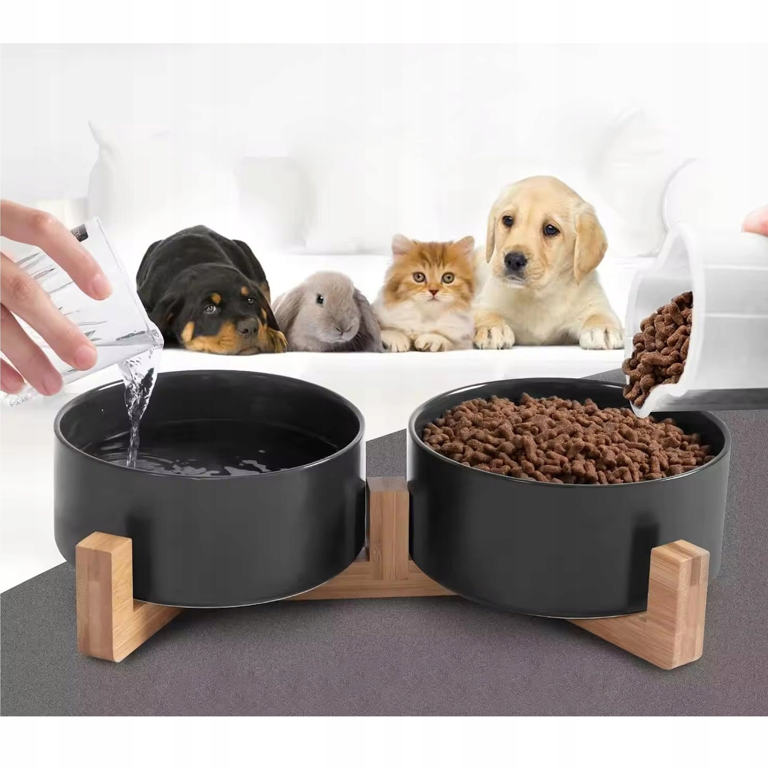 CERAMIC BOWL FOR CAT DOG ON STAND DOUBLE SET 2x400ml BLACK Capacity 0.4 l