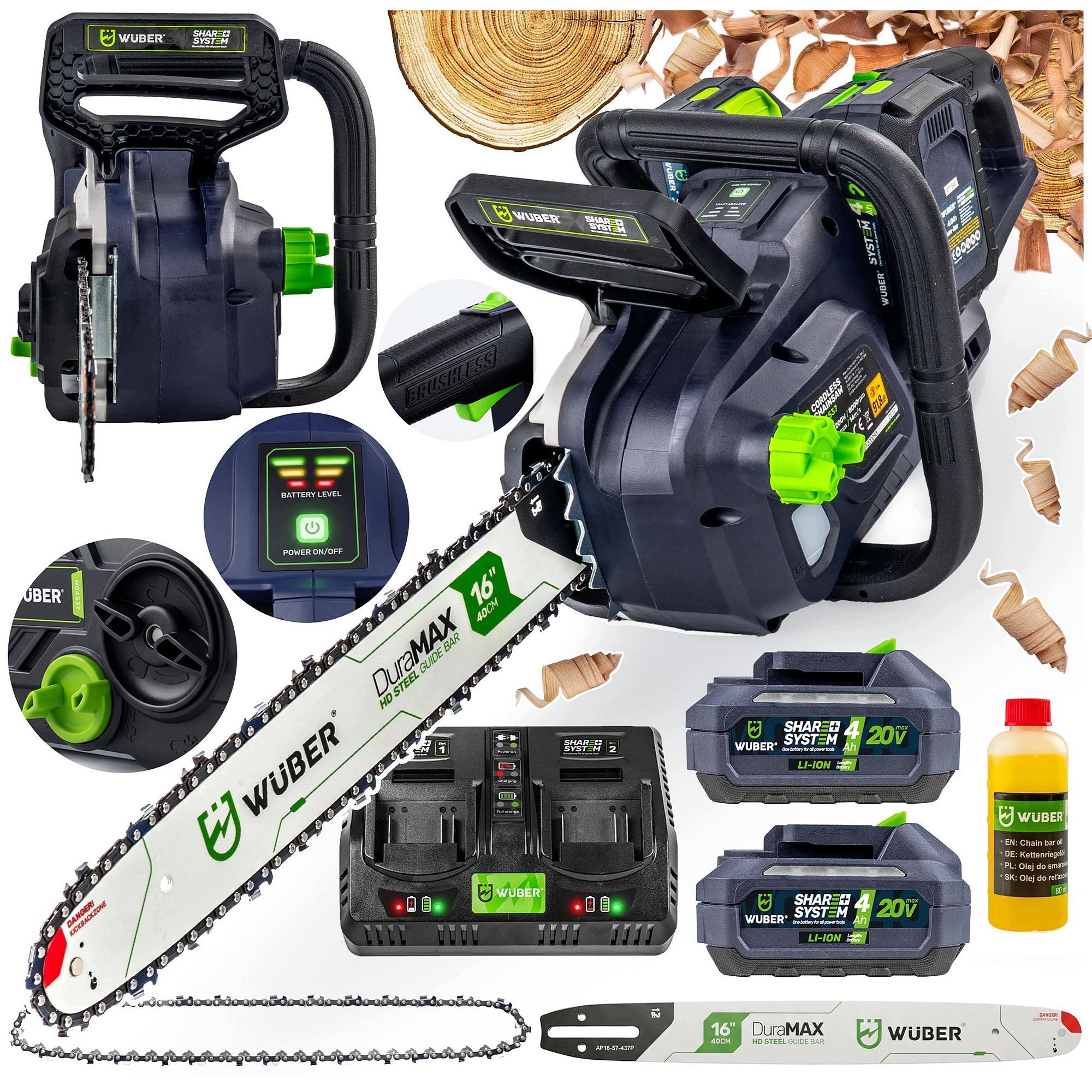 CHAINSAW CORDLESS SAW 16" POWERFUL 40V 1200W WITH OIL 2AKU+CHARGE