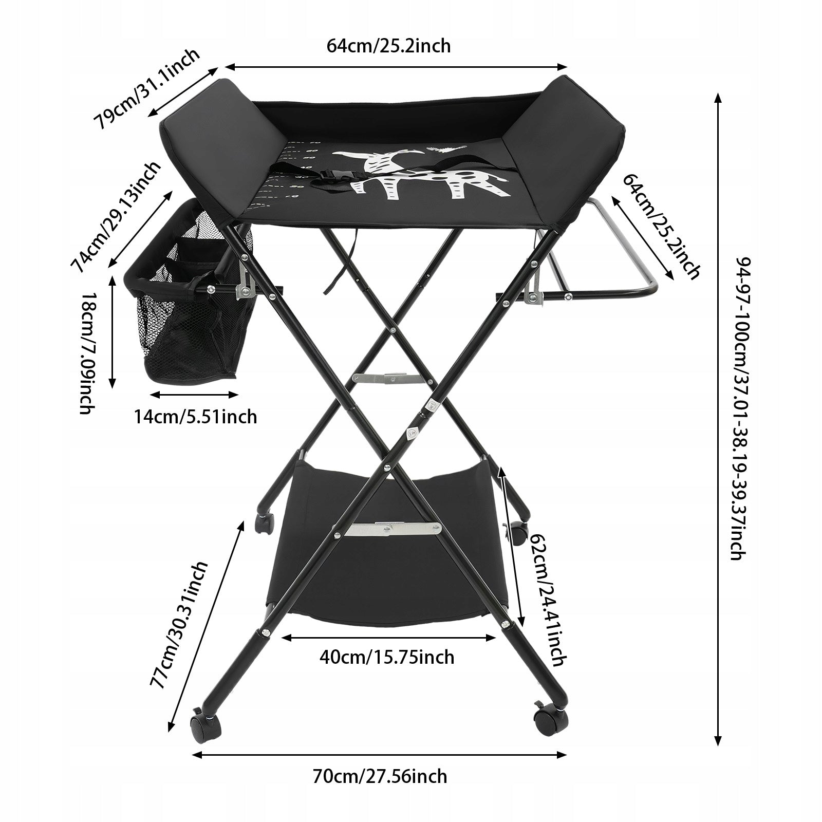CHANGING TABLE WITH WHEELS FEATURES A CARTOON PRINT BLACK Packaging status original