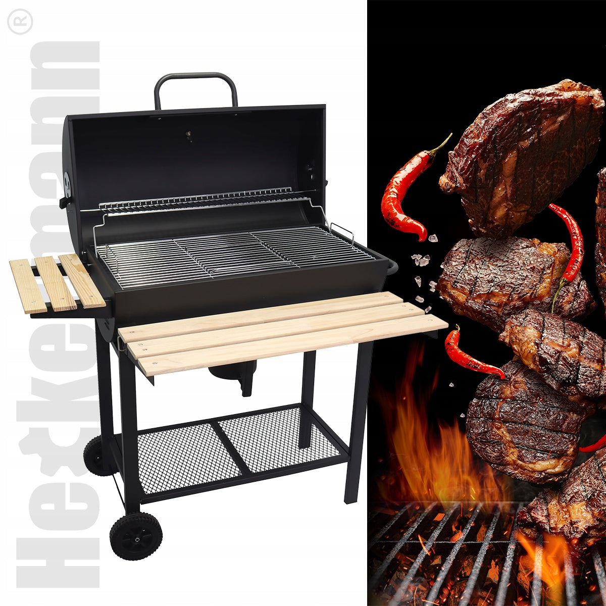CHARCOAL GARDEN GRILL COVER ASHTRAY THERMOMETER LARGE PORTABLE WITH WHEELS Grate length 71 cm