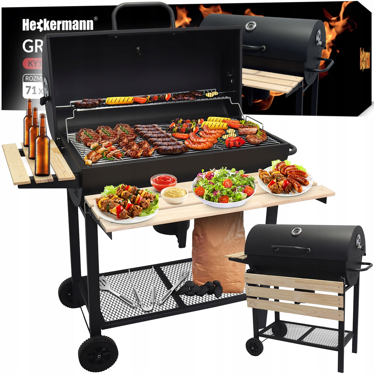 CHARCOAL GARDEN GRILL COVER ASHTRAY THERMOMETER LARGE PORTABLE WITH WHEELS