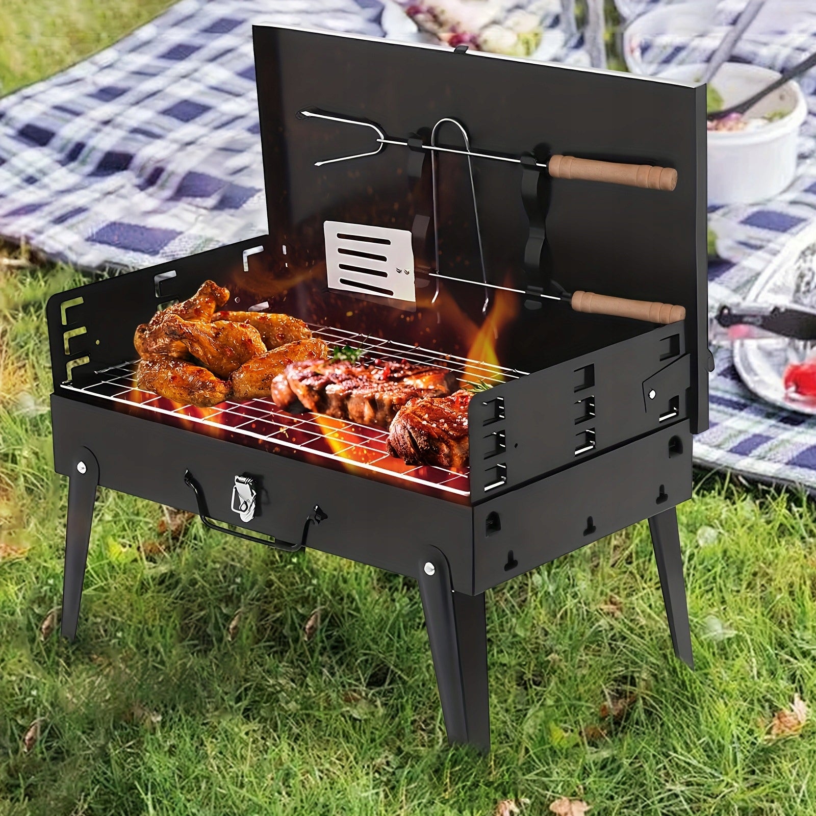 CHARCOAL GARDEN GRILL HIKING FOLDING SUITCASE PORTABLE BBQ ACCESSORIES Grill width 44 cm
