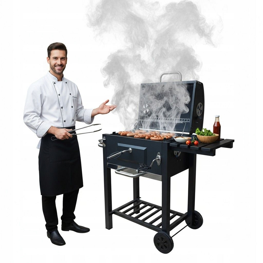 CHARCOAL GARDEN GRILL LARGE CAST IRON GRATE WITH LID + ASHTRAY THERMOMETER