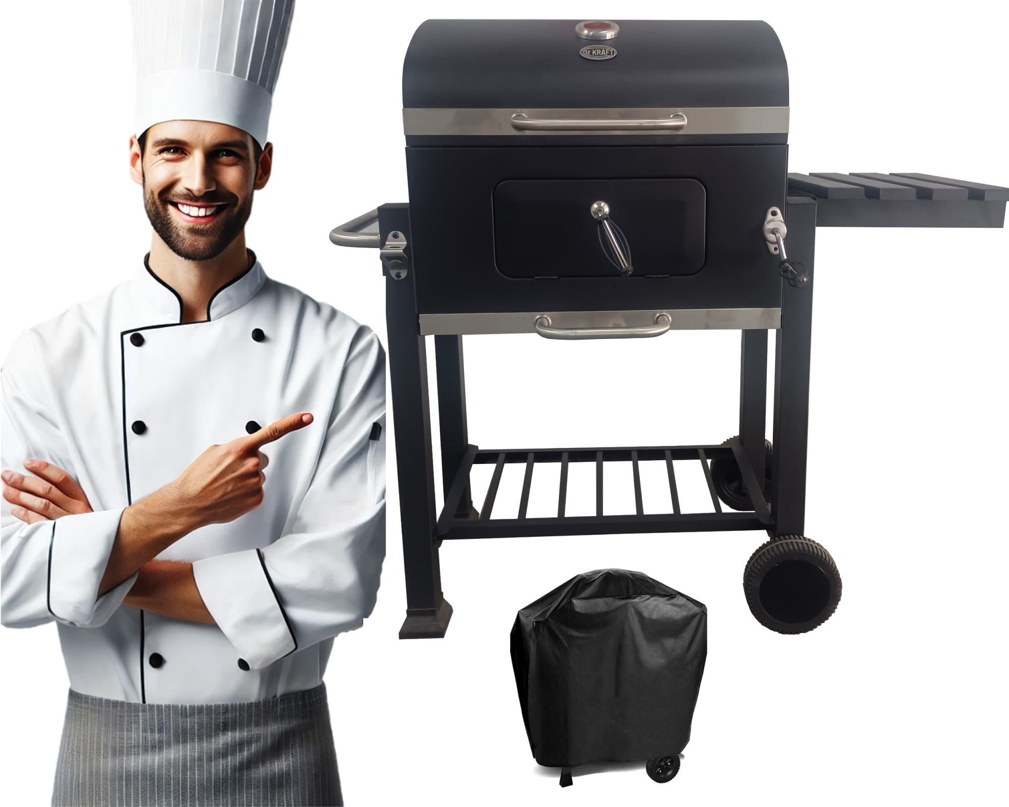 CHARCOAL GARDEN GRILL LARGE CAST IRON GRATE WITH LID + THERMOMETER COVER
