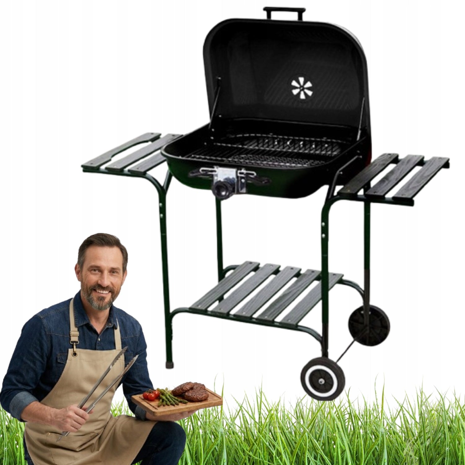 CHARCOAL GARDEN GRILL LARGE WITH LID LOCKABLE SHELVES ADJUSTABLE GRATE