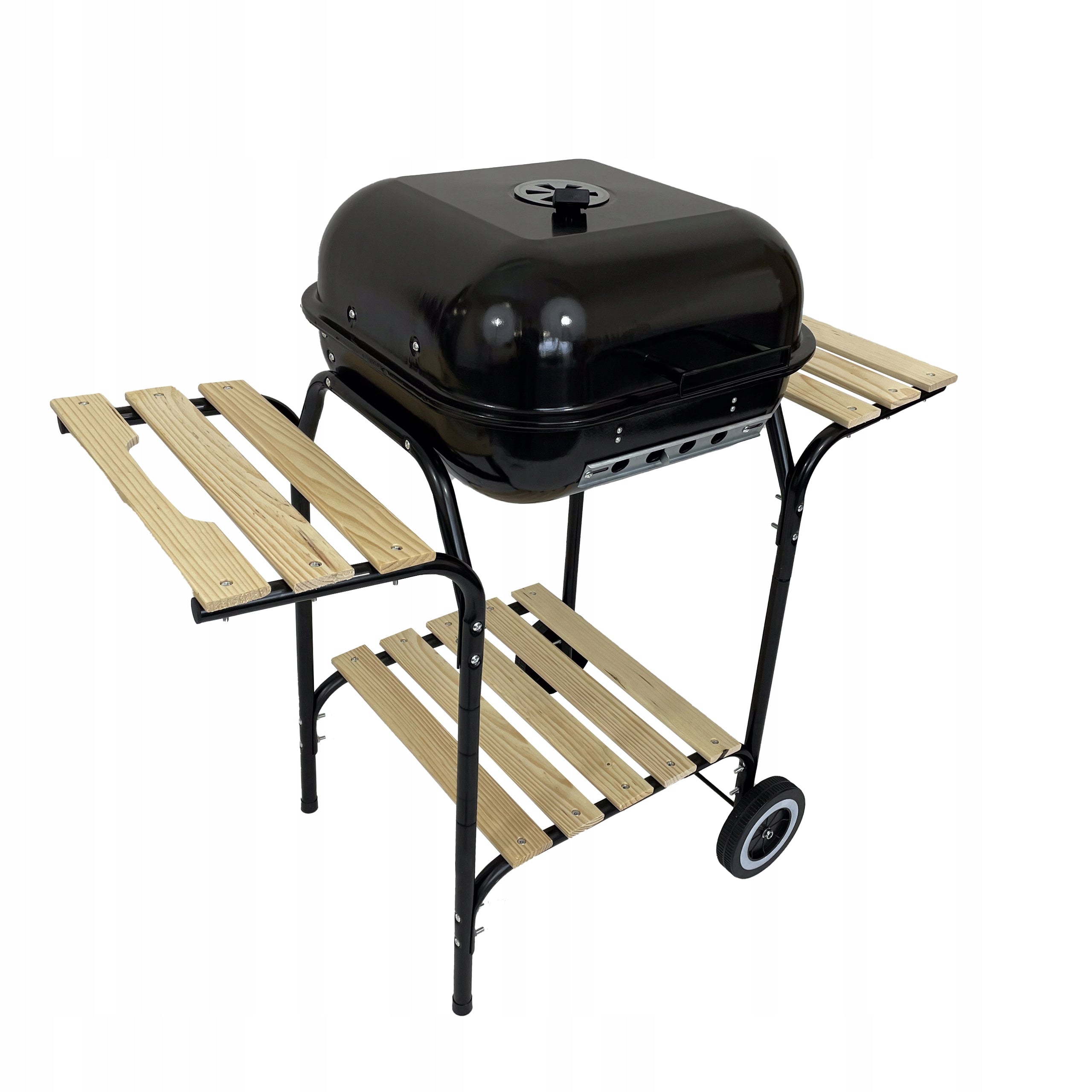 CHARCOAL GARDEN GRILL PORTABLE ON WHEELS LID WITH 3 SHELVES Packaging status original