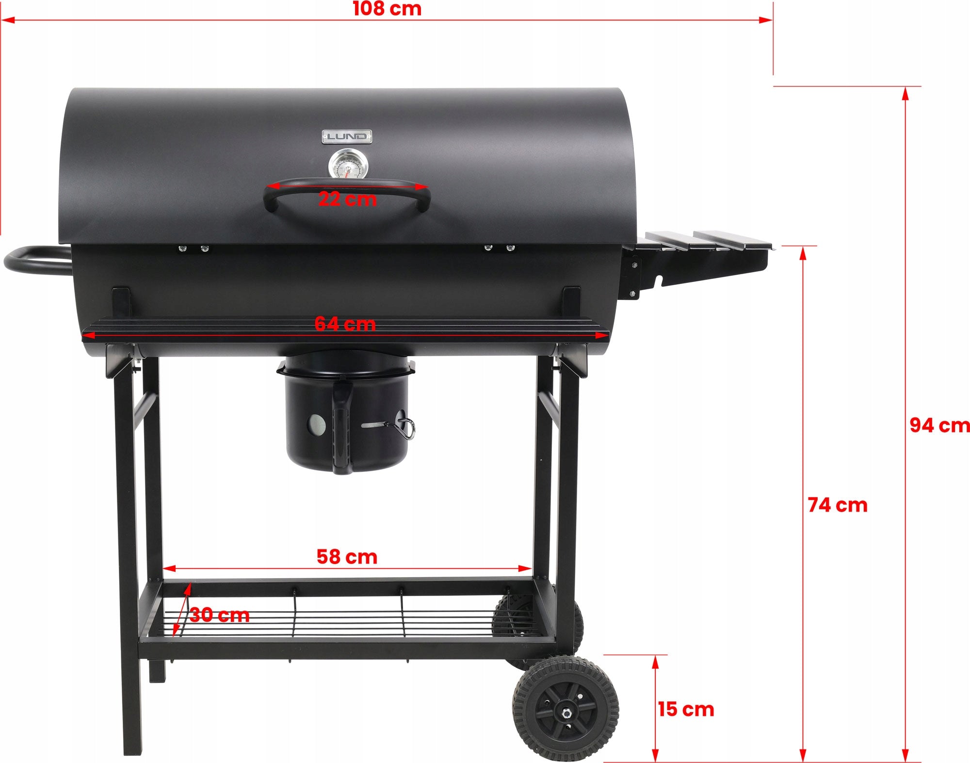 CHARCOAL GARDEN GRILL WITH LID AND SHELVES BLACK 71 x 35 cm LUND Grate length 71 cm