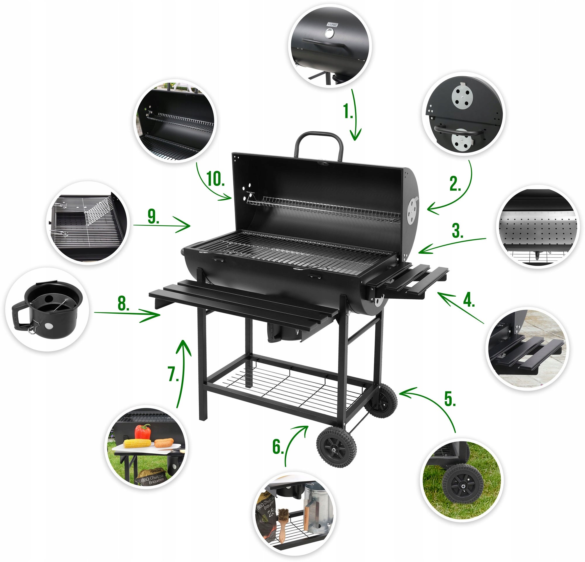 CHARCOAL GARDEN GRILL WITH LID AND SHELVES BLACK 71 x 35 cm LUND Grill depth 68 cm
