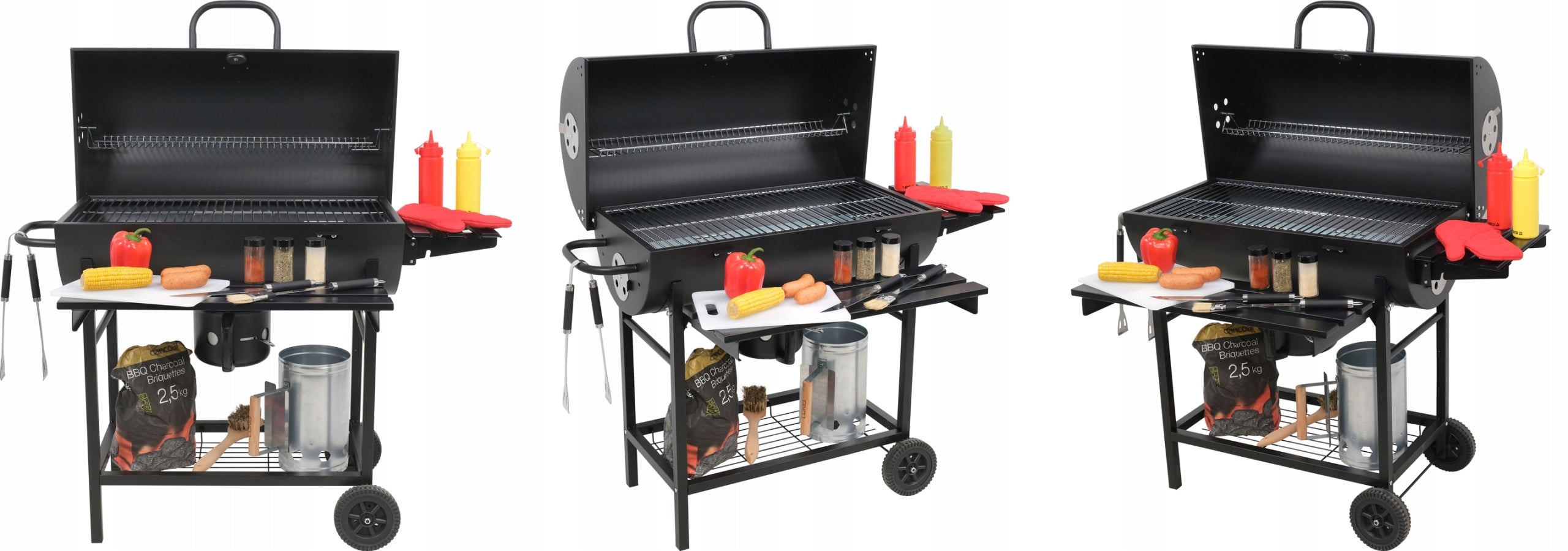 CHARCOAL GARDEN GRILL WITH LID AND SHELVES BLACK 71 x 35 cm LUND Grill width 108 cm
