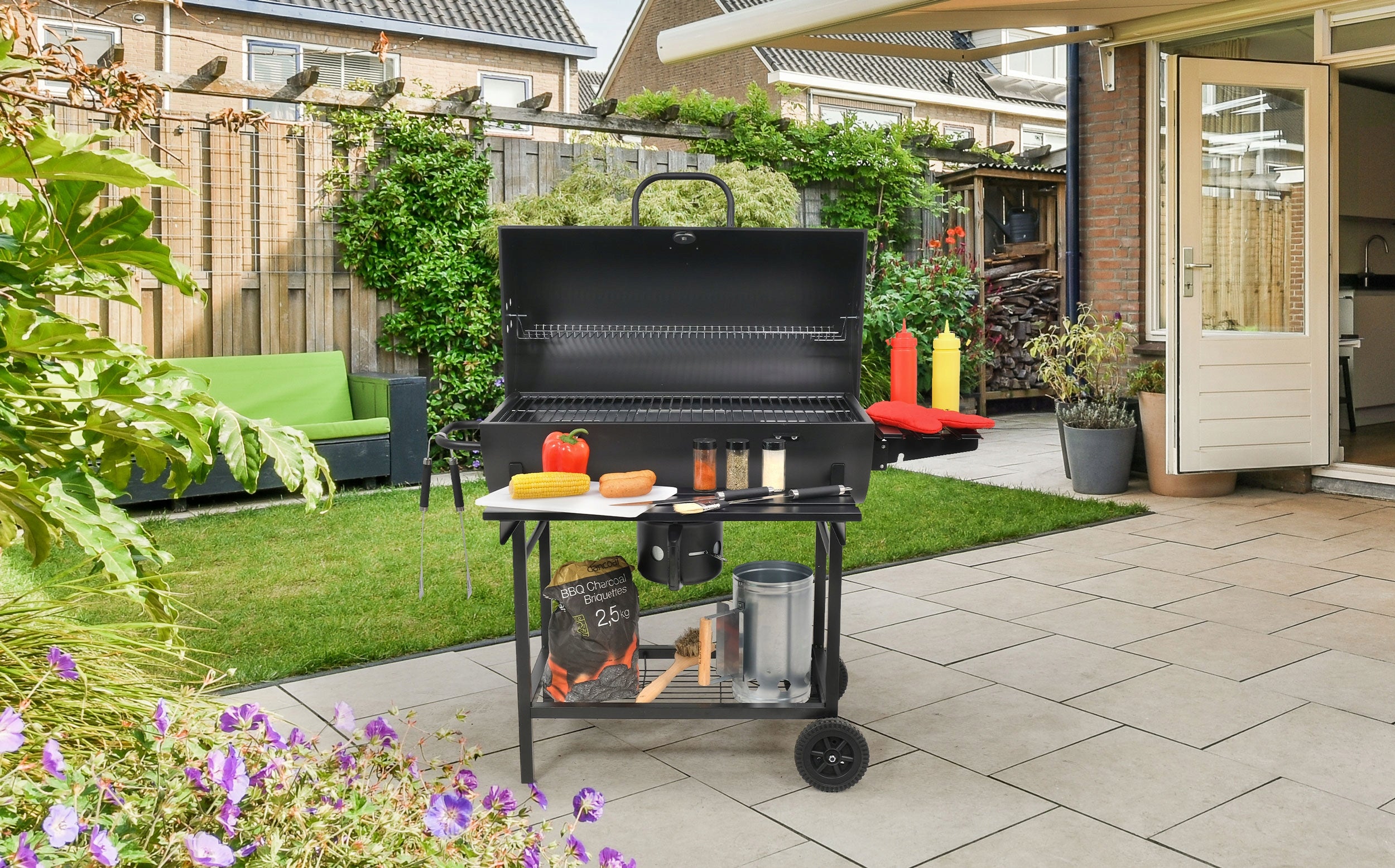 CHARCOAL GARDEN GRILL WITH LID AND SHELVES BLACK 71 x 35 cm LUND Manufacturer Lund